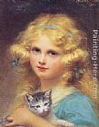 Edouard Cabane Wall Art - Portrait of a young girl holding a kitten